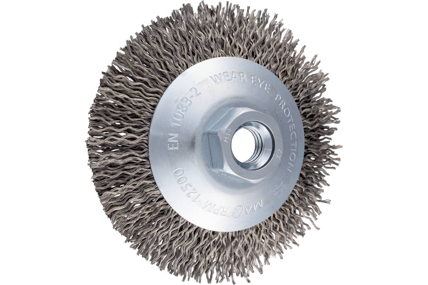 PFERD TOOLS PFERD SZERSZÁMOK Kúpos kefe, fonás nélküli, KBU Ø 100x10mm M14 rozsdamentes acél sodrott drót Ø 0,25 mm sarokcsiszolóhoz POS KBU 10010/M14 LIT INOX