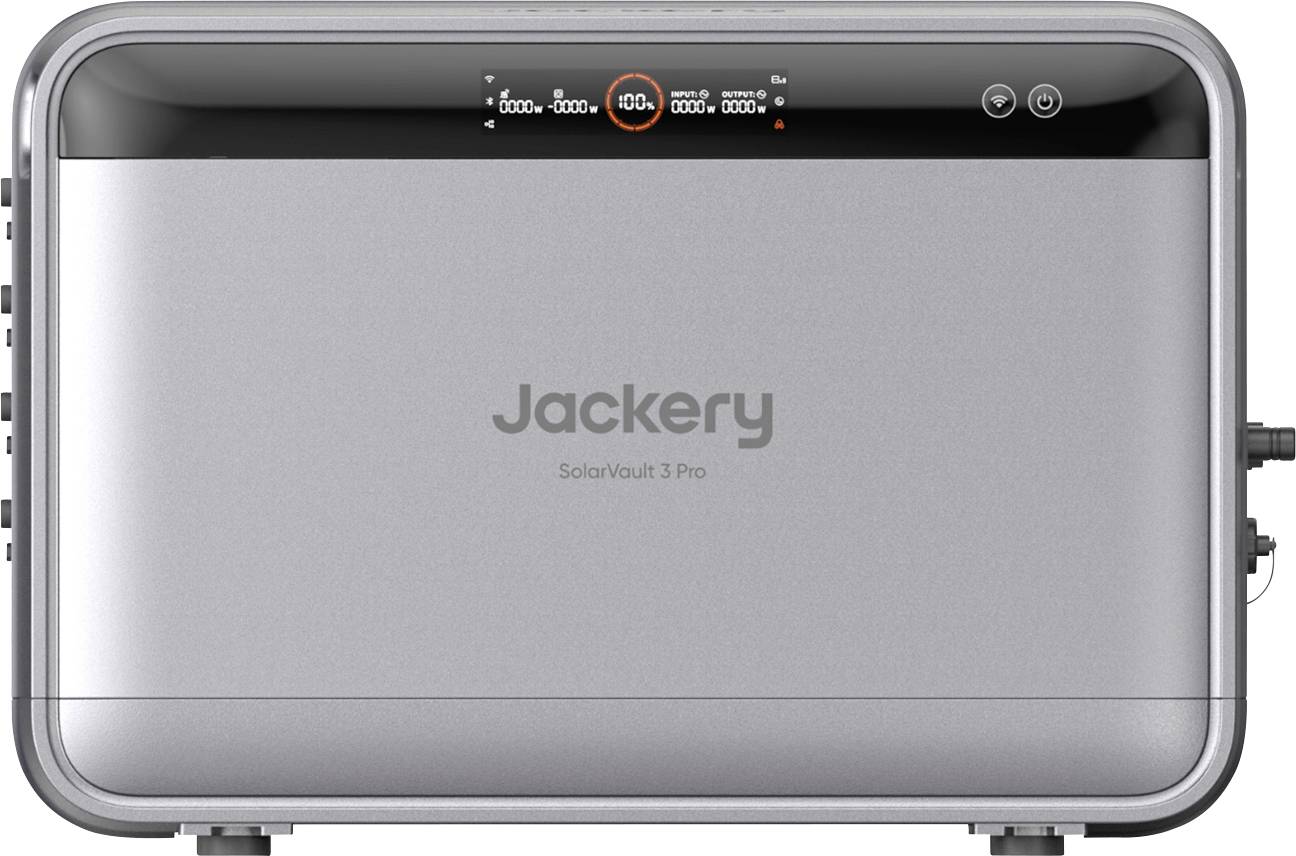 Egy Jackery SolarVault 3 Pro akkumulátor egység elölnézete egy kis felső állapotjelző kijelzővel és oldalsó csatlakoztatott kábelekkel.
