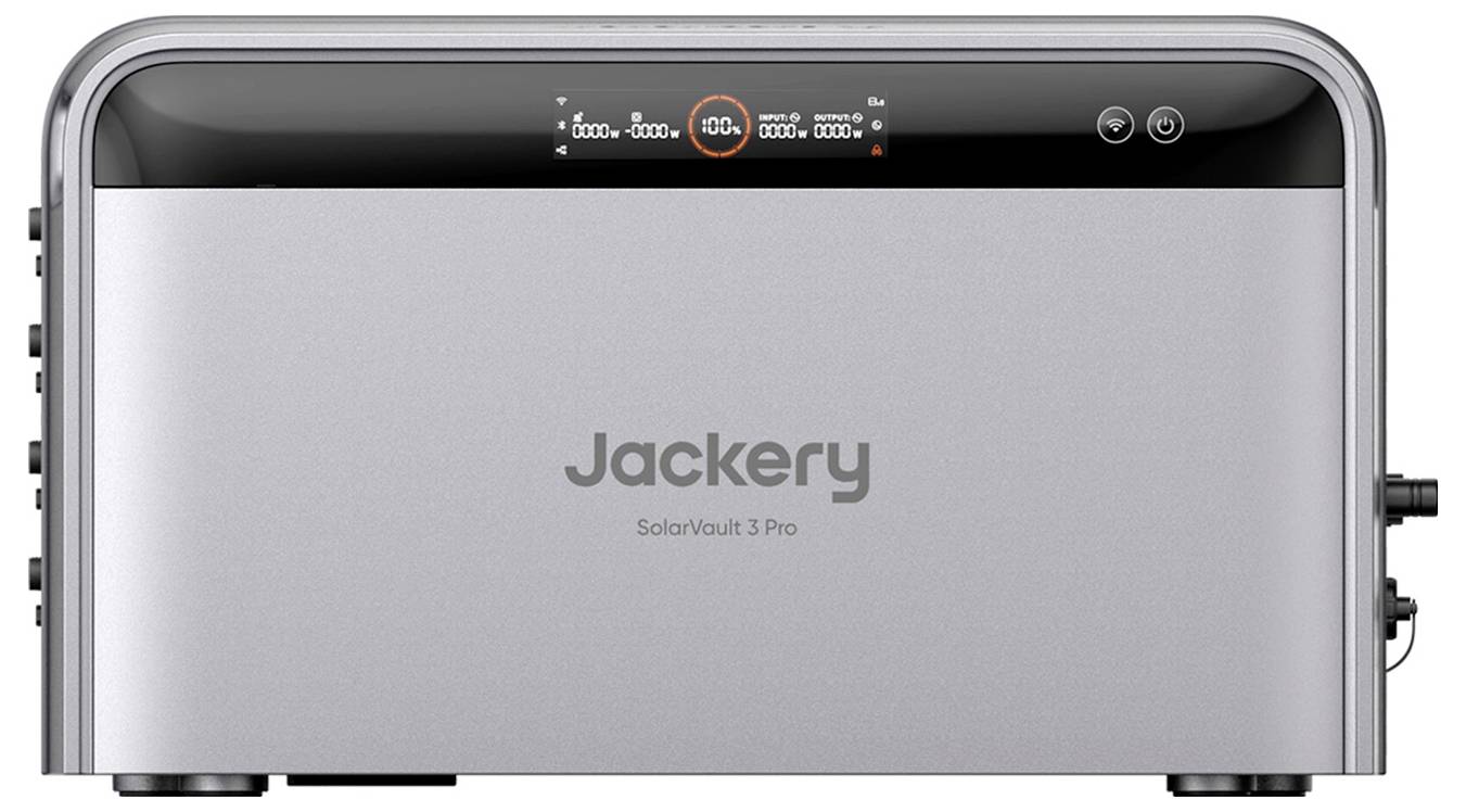 A Jackery SolarVault 3 Pro akkumulátor egység elölnézete kijelző panellel és oldalsó portokkal, fehér háttéren megjelenítve.