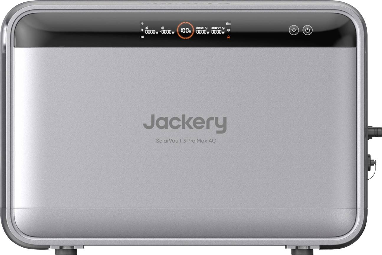 Jackery SolarVault 3 Pro Max AC akkumulátor egység az előlapon egy 100%-os töltöttségi szintet mutató kijelzővel