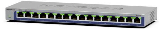 A Netgear 16 portos Ethernet kapcsoló zöld állapotjelzővel, ezüst és kék frontpanellel megjelenítve.