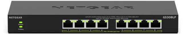 Egy NETGEAR GS308LP hálózati switch elölnézete nyolc Ethernet porttal és állapot LED-ekkel egy fekete rack-mount eszközön.