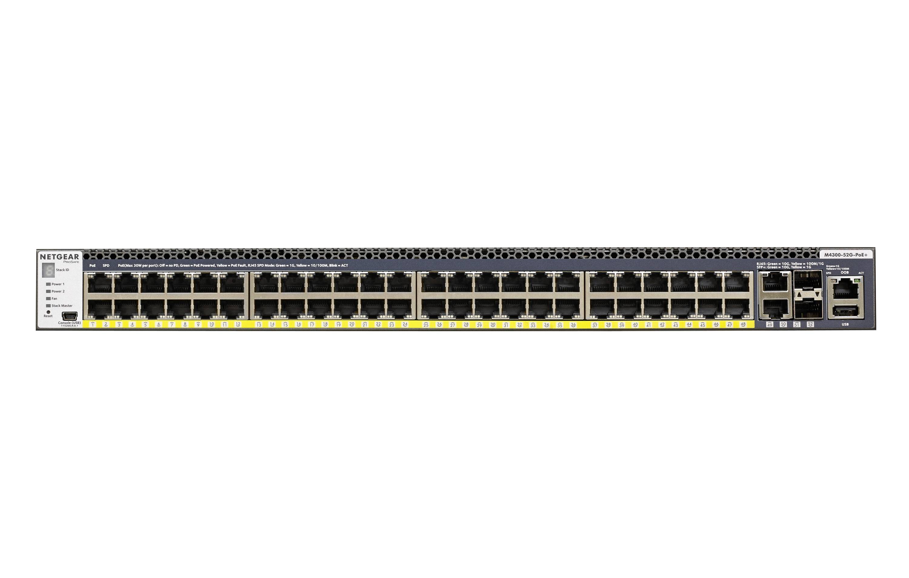 NETGEAR rackba szerelhető Ethernet hálózati kapcsoló elölnézetből, sok RJ45 porttal és néhány felcsatolási porttal a jobb oldalon.