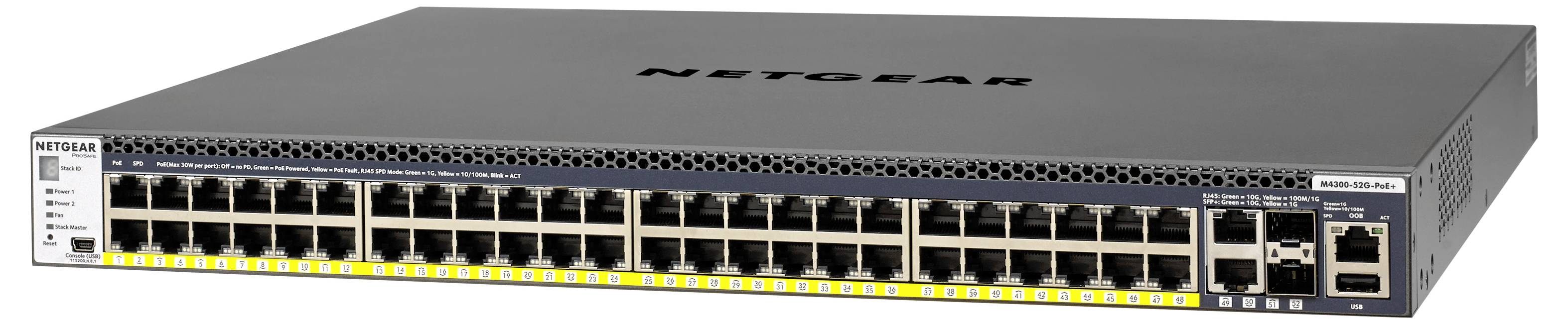 NETGEAR rackra szerelhető Ethernet kapcsoló több elülső paneles porttal és állapot LED-ekkel, ezüst fém házban megjelenítve.