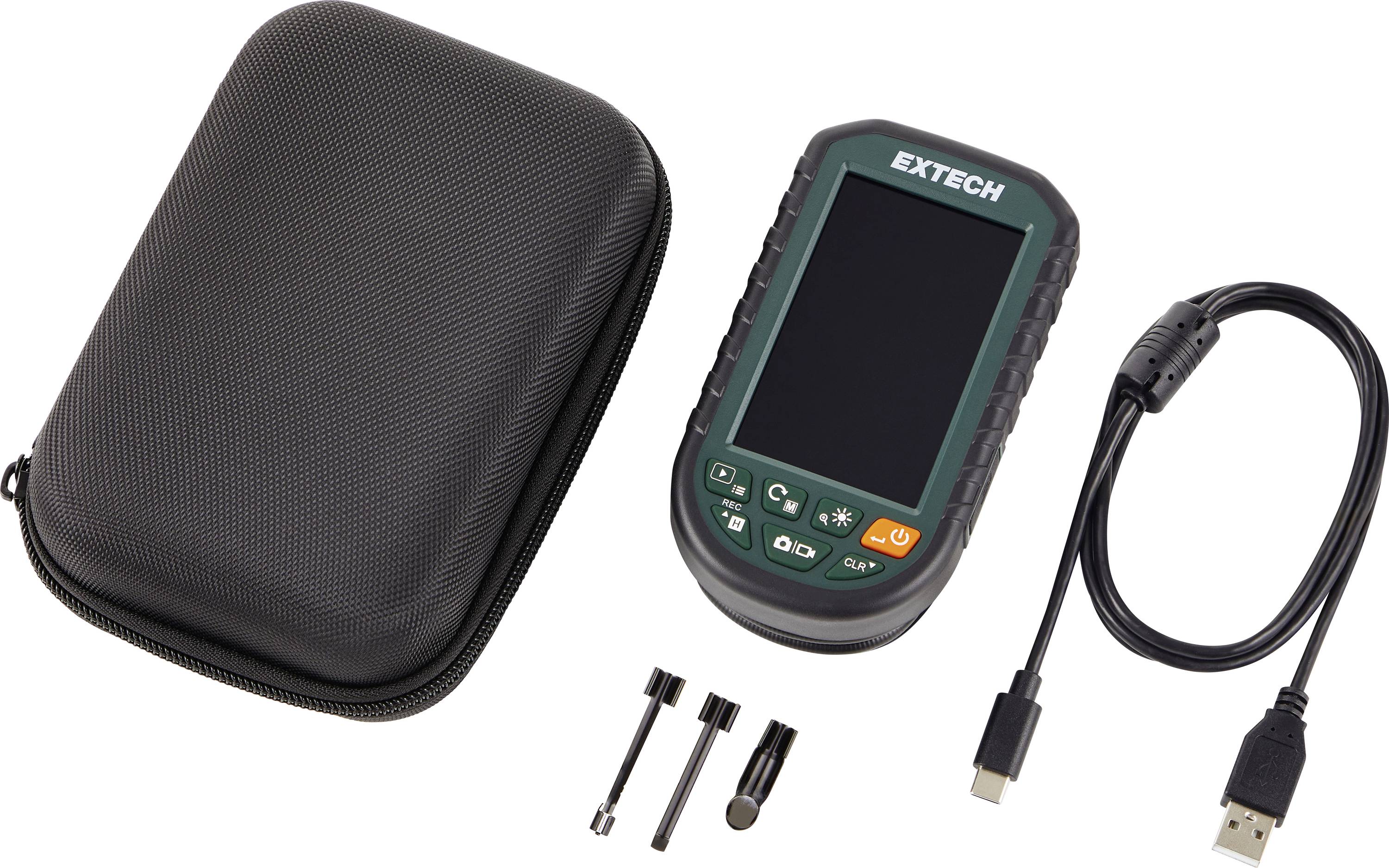 Extech kézi mérőműszer készlet védőtokkal, USB kábellel és három szenzor szondával/kiegészítővel fehér háttéren.