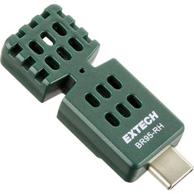 Zöld EXTECH BR95-RH USB szenzormodul szellőztetett házással és fém USB-C stílusú csatlakozóval fehér háttéren.