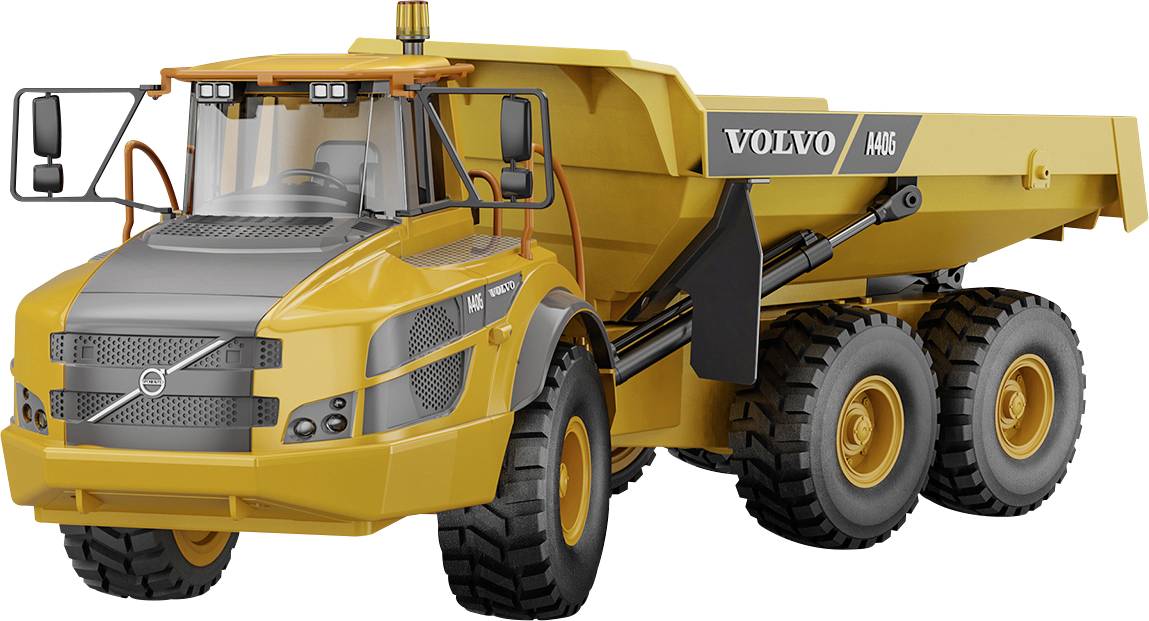 Sárga Volvo A45G csuklós billenőkocsi fehér háttéren, háromkerti elölnézetből megjelenítve.