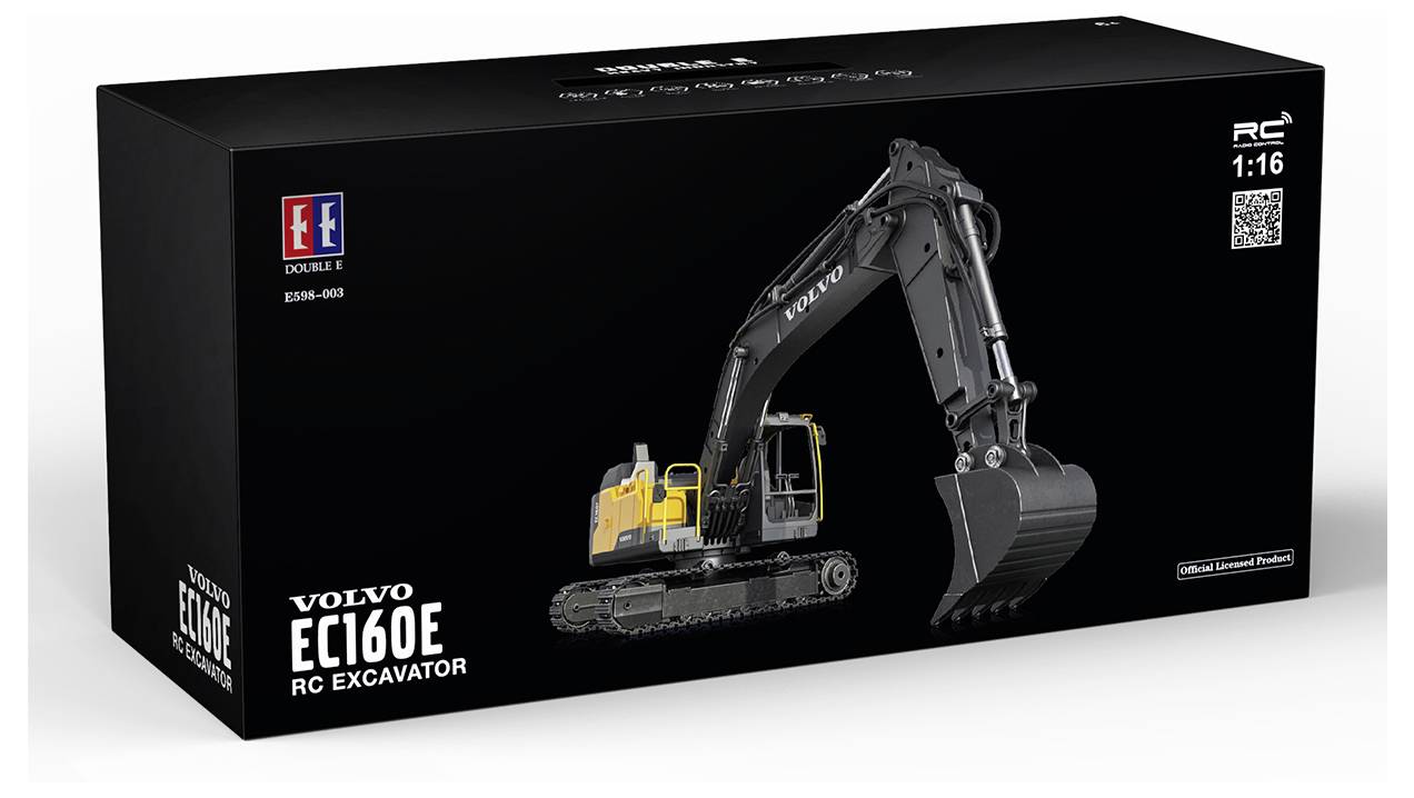 Fekete termékköteg a Volvo EC160E RC ekskavátormodellhez, amely az ekskavátor képét és az "RC 1:16" feliratot mutatja a csomagoláson.