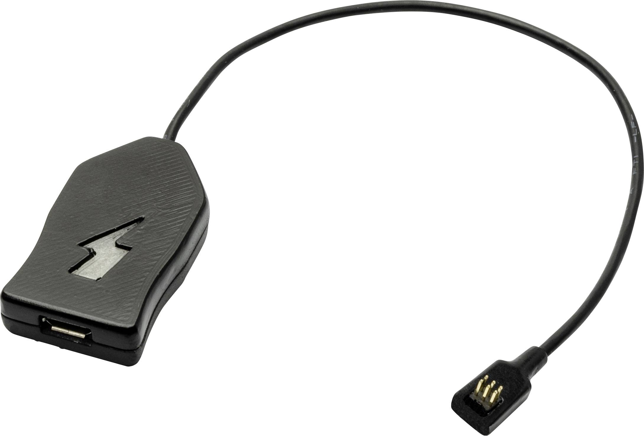 Fekete USB-kábel beépített adapterrel és kis csatlakozóval, fehér háttéren megjelenítve.