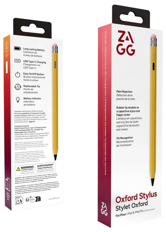 Két Oxford Stylus toll csomagolásdoboza, az egyik hátsó oldal az akkumulátor, USB-C töltés és cserélhető csúcs funkcióit mutatja, az egyik elő az márkajelzéssel és a stylus képével.
