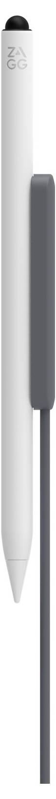 Egy fehér és szürke ZAGG stylus, klippel és hegyes hegyével, egy sima háttéren függőlegesen megjelenítve.