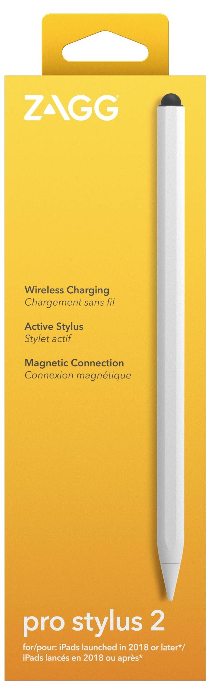 ZAGG Pro Stylus 2 vezeték nélküli töltős stilus csomag sárga színben, a jobboldali stilussal és a frontra helyezett jellemzőkkel.
