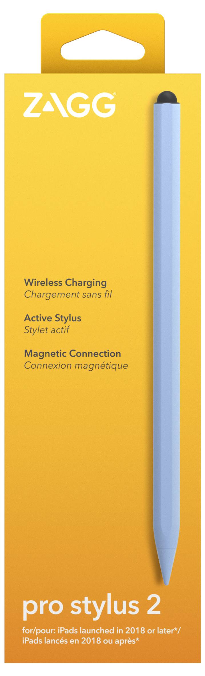 ZAGG Pro Stylus 2 csomagolás vezeték nélküli töltésű stílushoz, sárga doboz a termék nevével és funkcióleírás szövegével, a jobb oldalon egy kék stílus látható.
