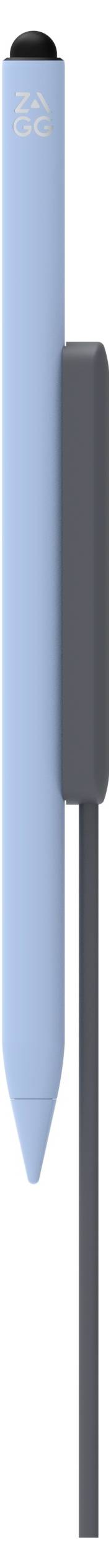 Világoskék stylus toll sötétszürke fogással és hegyével, függőlegesen fehér háttéren megjelenítve.