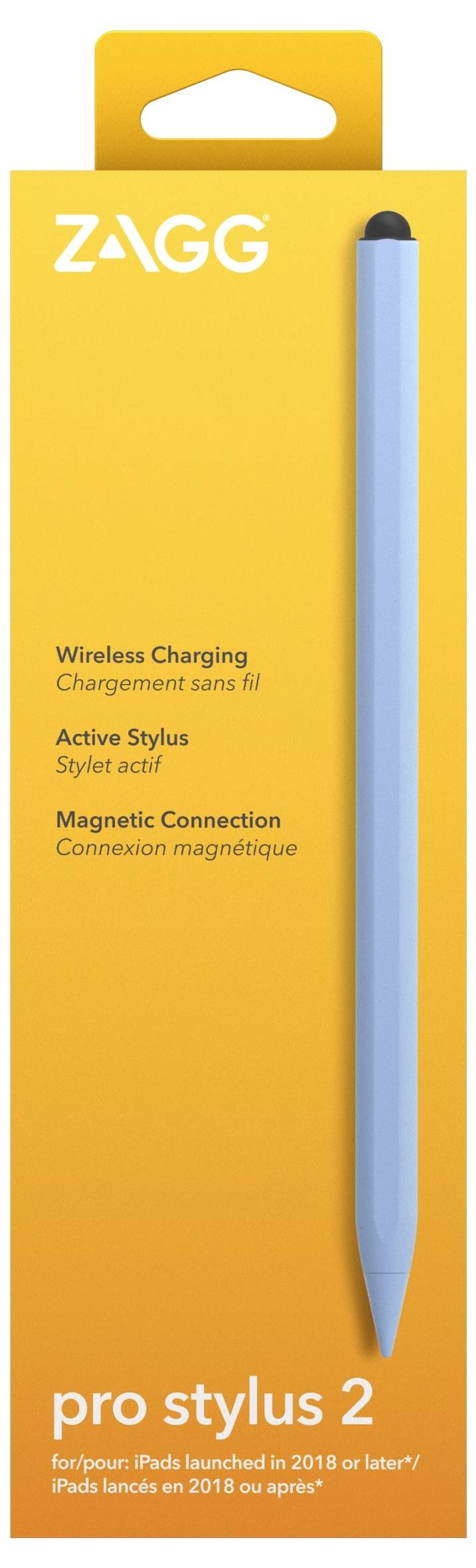 ZAGG Pro Stylus 2 vezeték nélküli töltésű stylus csomagolása, amely egy kék stylus-t mutat sárga dobozban, terméktulajdonságokkal és névvel.