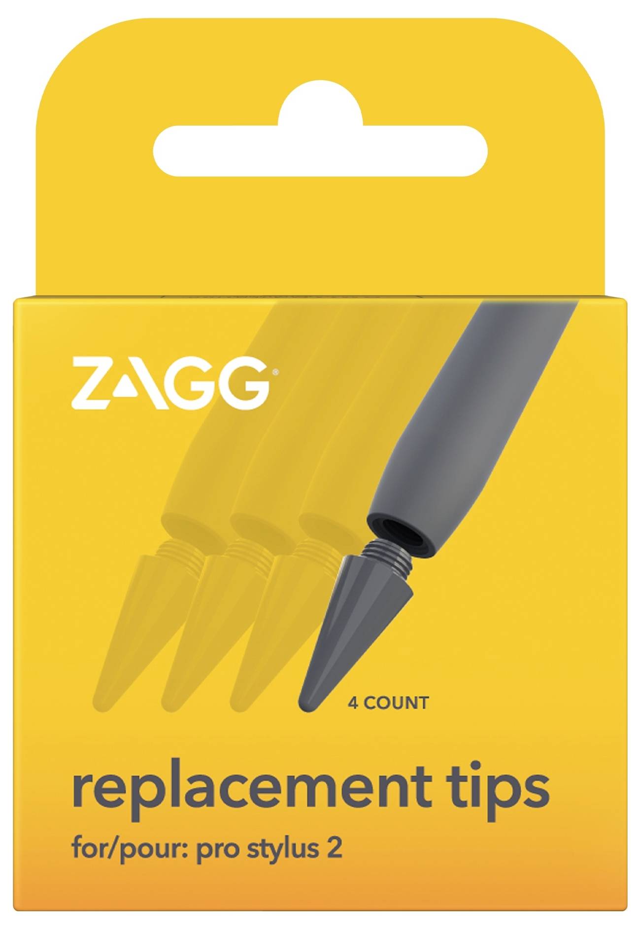 ZAGG 4 csere hegyből álló csomag a Pro Stylus 2-höz, sárga-narancssárga kiskereskedelmi dobozonn látható.