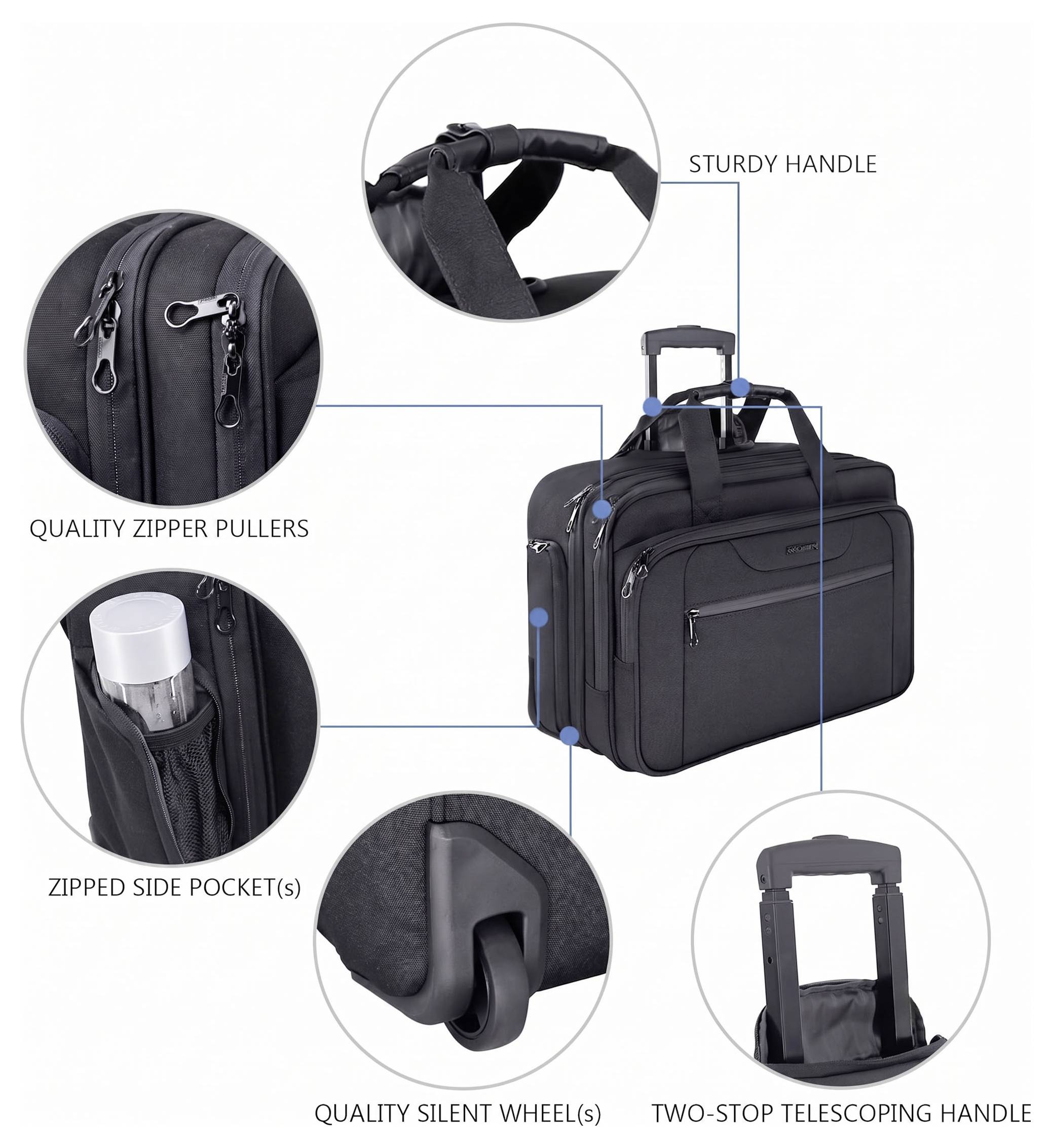 KROSER Notebook gurulós táska Laptop Handgepäck Koffer, Rolling Case mit Rädern Bis zu 17,3 Zoll Fekete-2