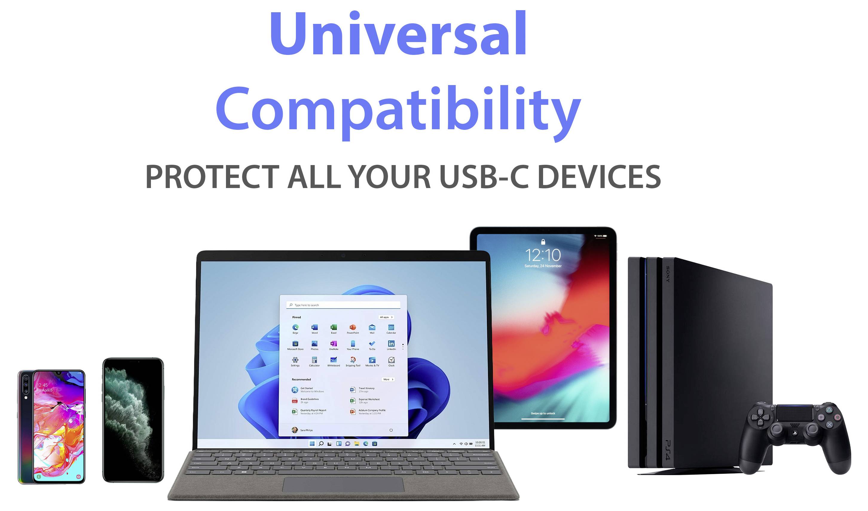 Univerzális kompatibilitás<br><br>VÉDEL MEG ÖSSZES USB-C ESZKÖZÖD<br><br>[A képen látható egy laptop, tablet, telefon, tablet, játékkonzol és kontroller]