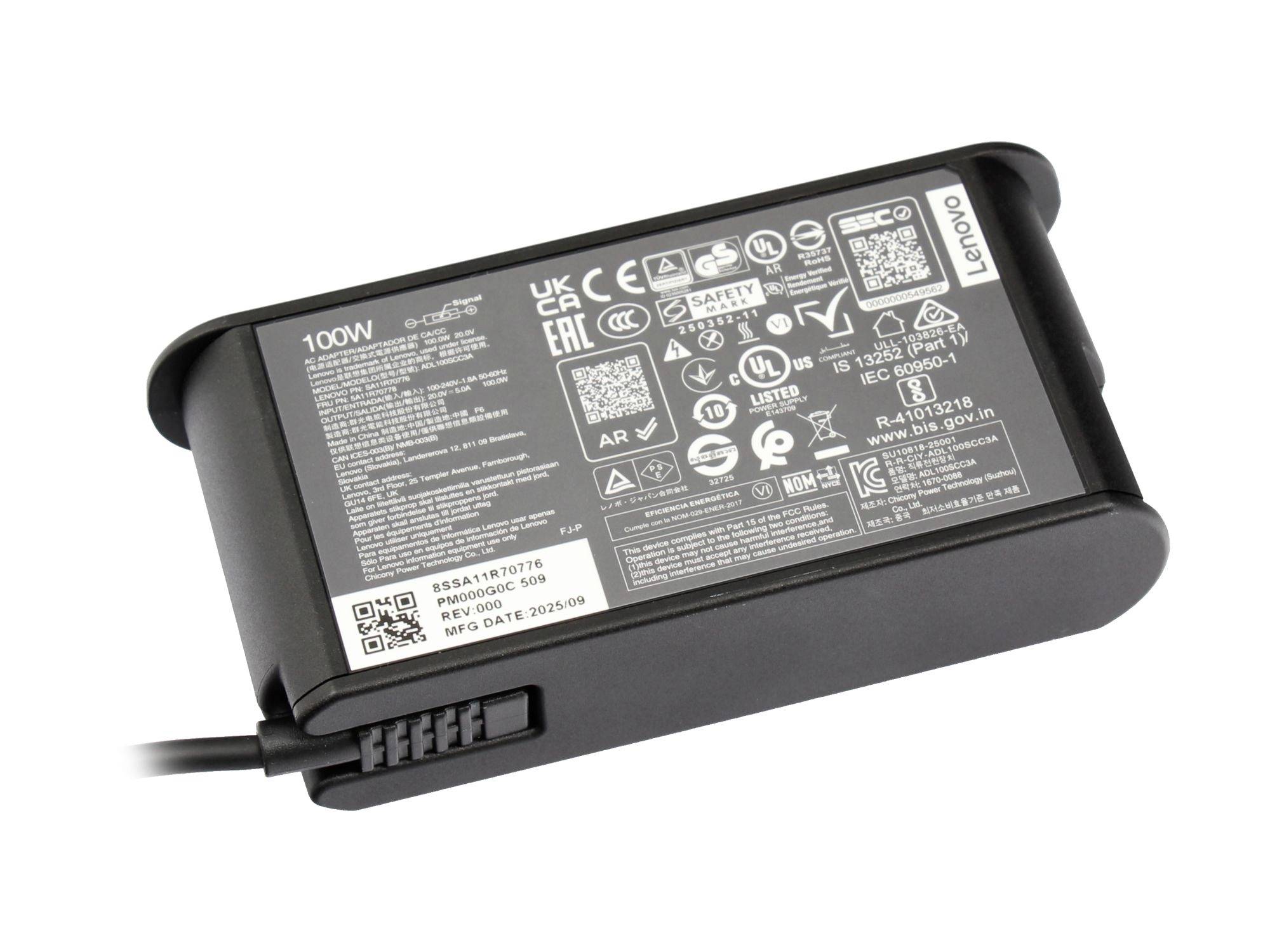 Lenovo 100W laptop töltőadapter téglakicsiny csatlakoztatott kábellel és szabályozási címkékkel