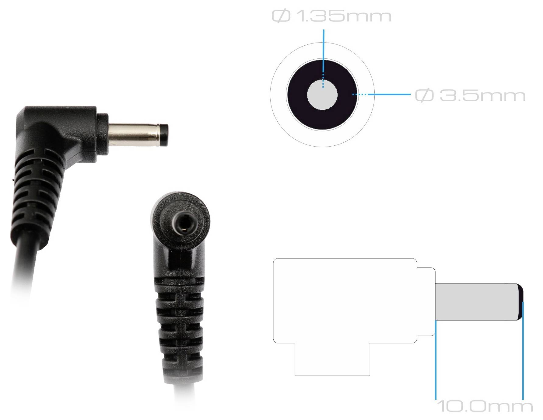 Egy derékszögű egyenáram (DC) hordótöltő dugó illusztrációja, amelyen a következő méreteket tüntettük fel: 1,35 mm belső és 3,5 mm külső átmérő, 10,0 mm hosszúság.