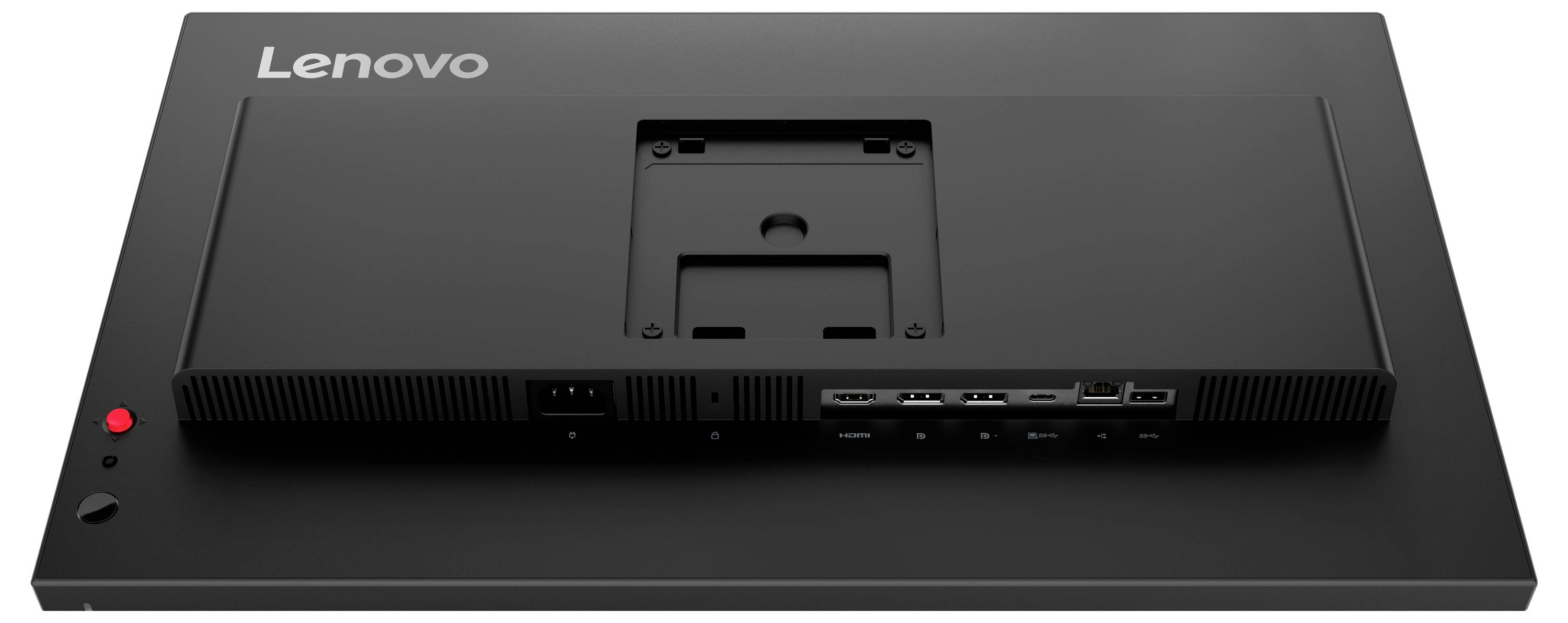 Egy Lenovo monitor hátoldala állványán, amely kábel portokat és rögzítési konzolt mutat, a bal alsó sarokban piros tápellátási jelzőfénnyel.