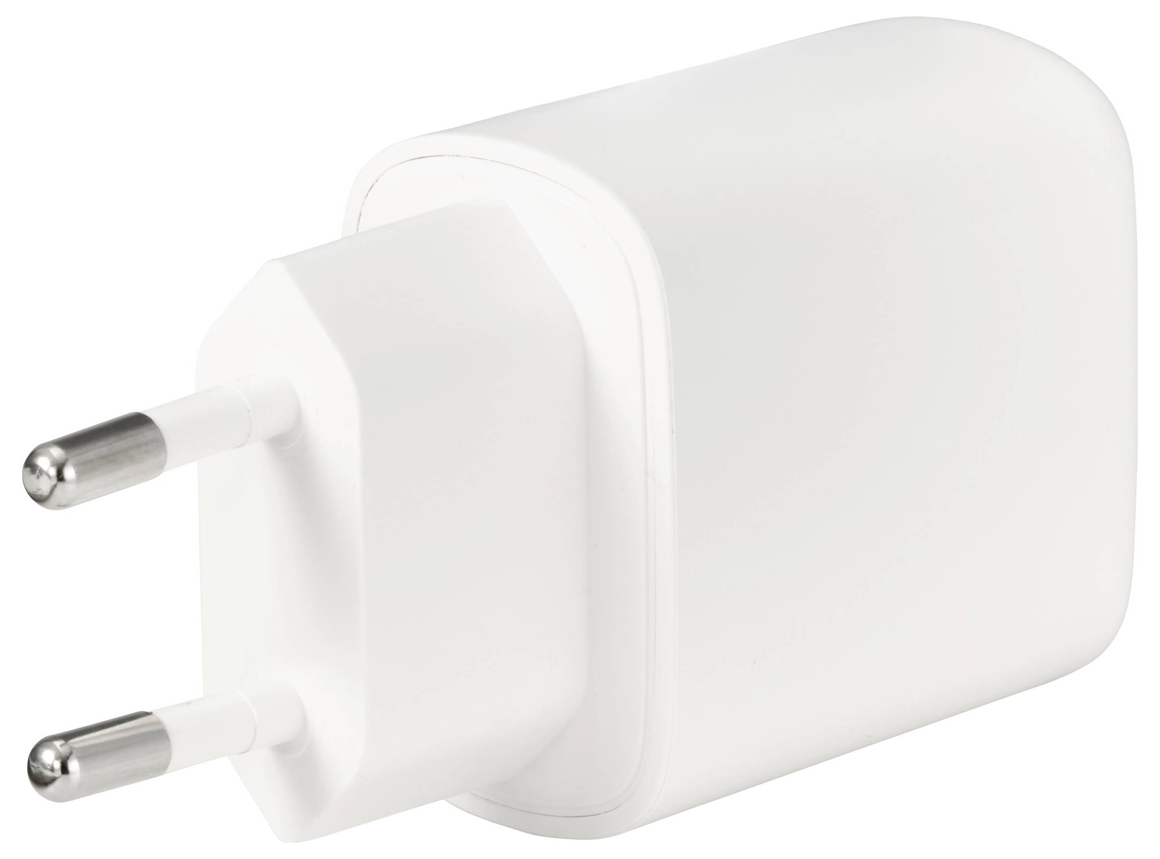 Fehér kétfogú elektromos falitöltő adapter fém csatlakozókkal, egyszerű háttéren mutatva.