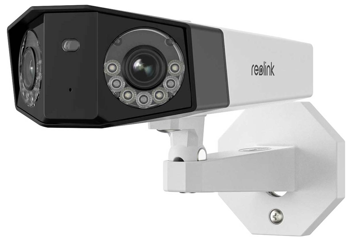 Reolink kültéri biztonsági kamera falra szerelhető tartóra felszerelve, fehér és fekete színben, kettős lencsékkel és infravörös LED-ekkel.