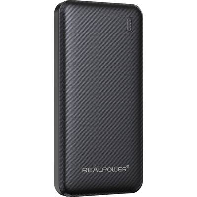 Fekete RealPower power bank szénszál mintázattal és négy LED-es akkumulátor kijelzővel a teteje közelében.