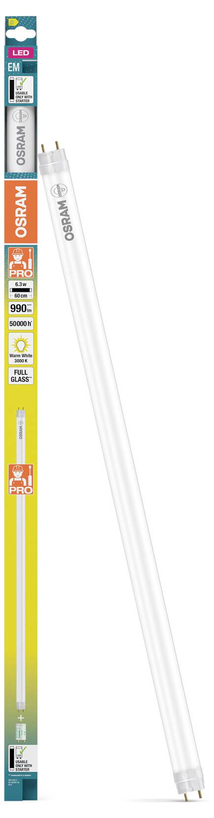 Osram LED cső alakú izzó termékkép a csomagolás mellett, amely a karcsú fehér, fluoreszcenscsalád stílusú helyettesítő lámpát mutatja.