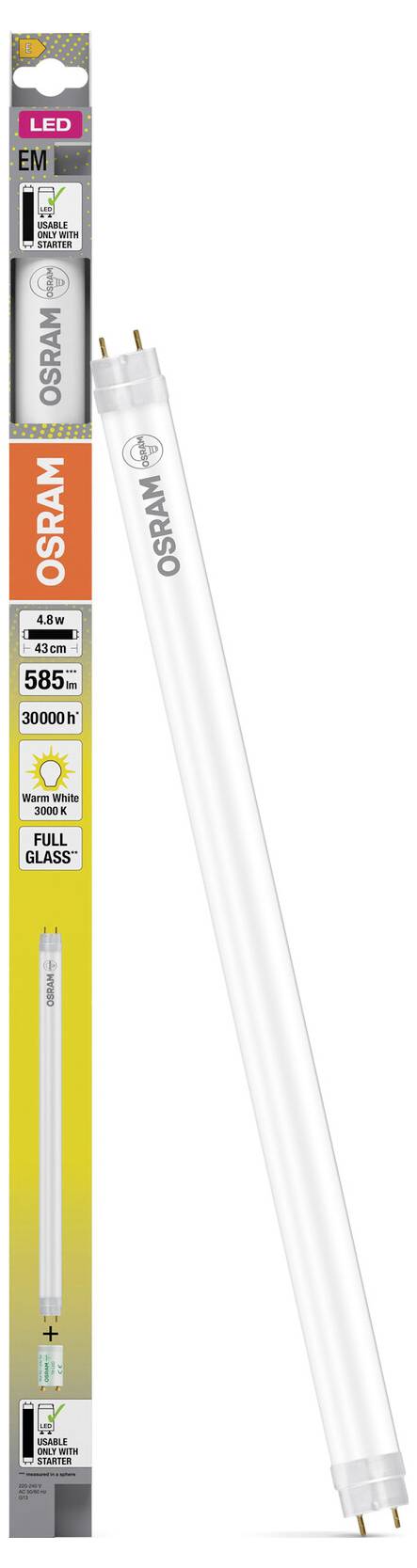 OSRAM LED csőlámpa csomagolása egy fehér lineáris LED lámpa mellett, függőleges helyzetben sima háttéren.