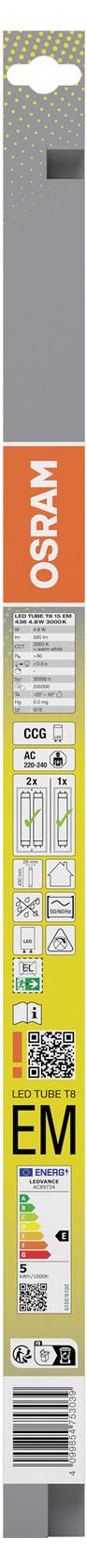 OSRAM LED izzó csomag függőlegesen elhelyezve, narancssárga OSRAM márkajelzéssel, izzó képével, termékadatokkal, hatékonysági ikonokkal és vonalkóddal az alsó részen.