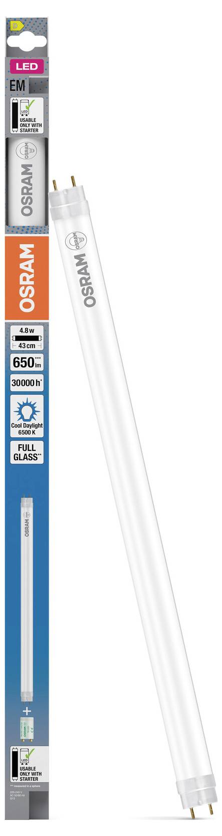 OSRAM LED fénycső kiskereskedelmi csomagolásban, fehér üveggömbvel bemutatva, a dobozra felcímkézett 4W, 650 lumen és 30000h jelöléssel.