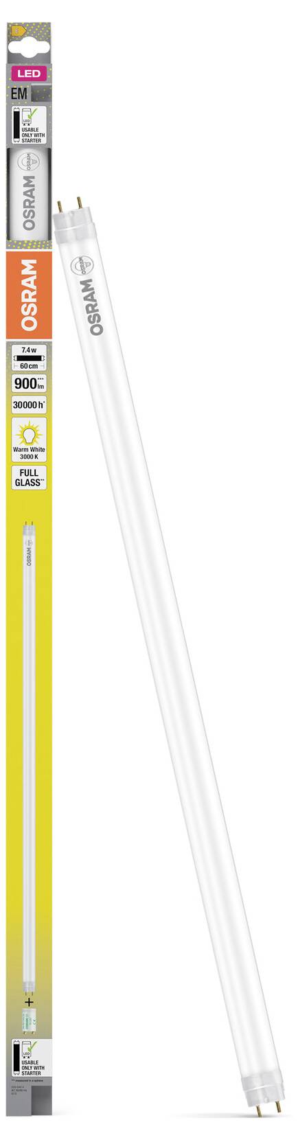 OSRAM LED csöves izzó látható mellette a kiskereskedelmi csomagolásával, egy vékony fehér lineáris lámpatest fluoreszcentcsövet helyettesítő készülékhez.