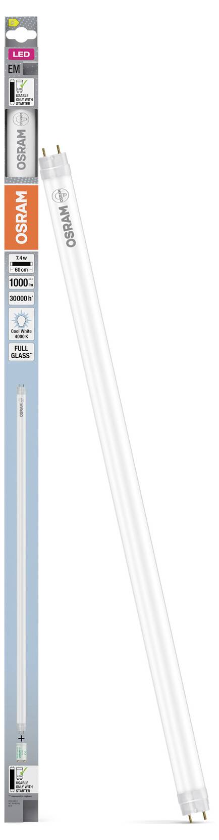 OSRAM LED csöves izzó csomagolás, amely egy vékony fehér helyettesítő csövet mutat OSRAM márkajelöléssel nyomtatva.
