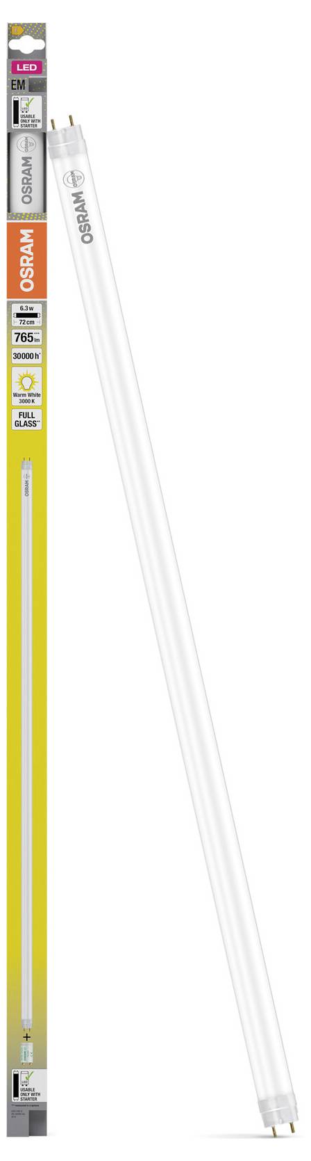 Függőlegesen elhelyezett Osram LED csöves lámpa csomagolása egy hosszú fehér LED cső mellett, egyszerű háttéren.