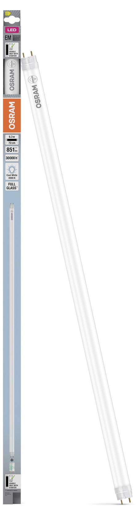 OSRAM LED-cső csomagolása egy karcsú fehér LED-izzóval, amely átlósan a doboz mellett látható.