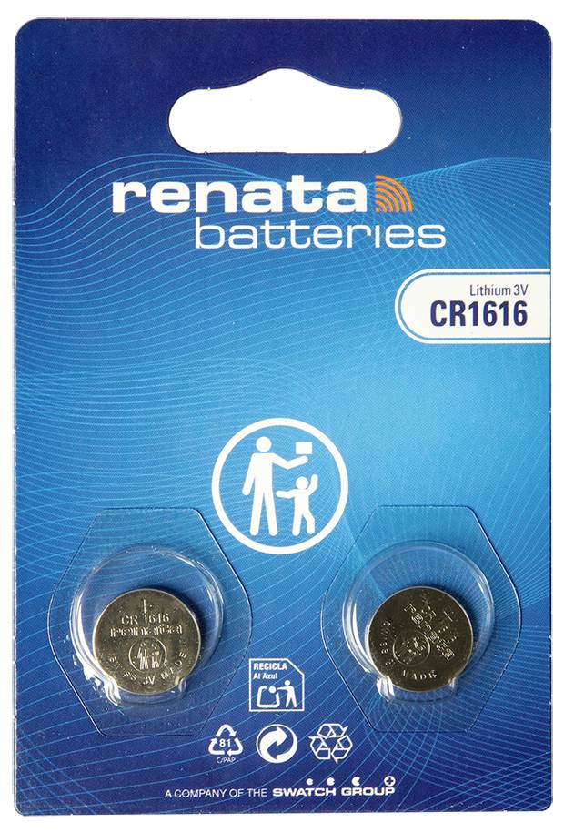 Renata Batteries 3V CR1616 lítium gombelem csomag, amely két elemet tartalmaz átlátszó buborék csomagolásban kék csomagoláson.
