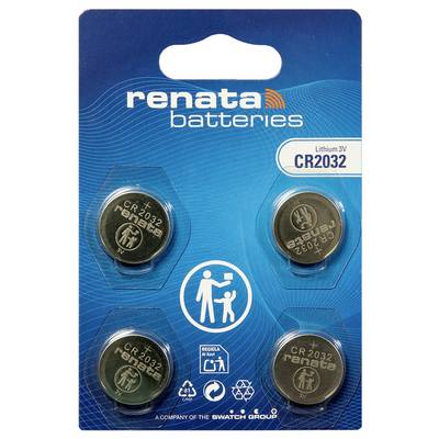 Renata Batteries négy CR2032 lítium 3V érme alakú elemből álló csomagolása, kék kártyán megjelenítve termék címkével és újrahasznosítási szimbólumokkal.