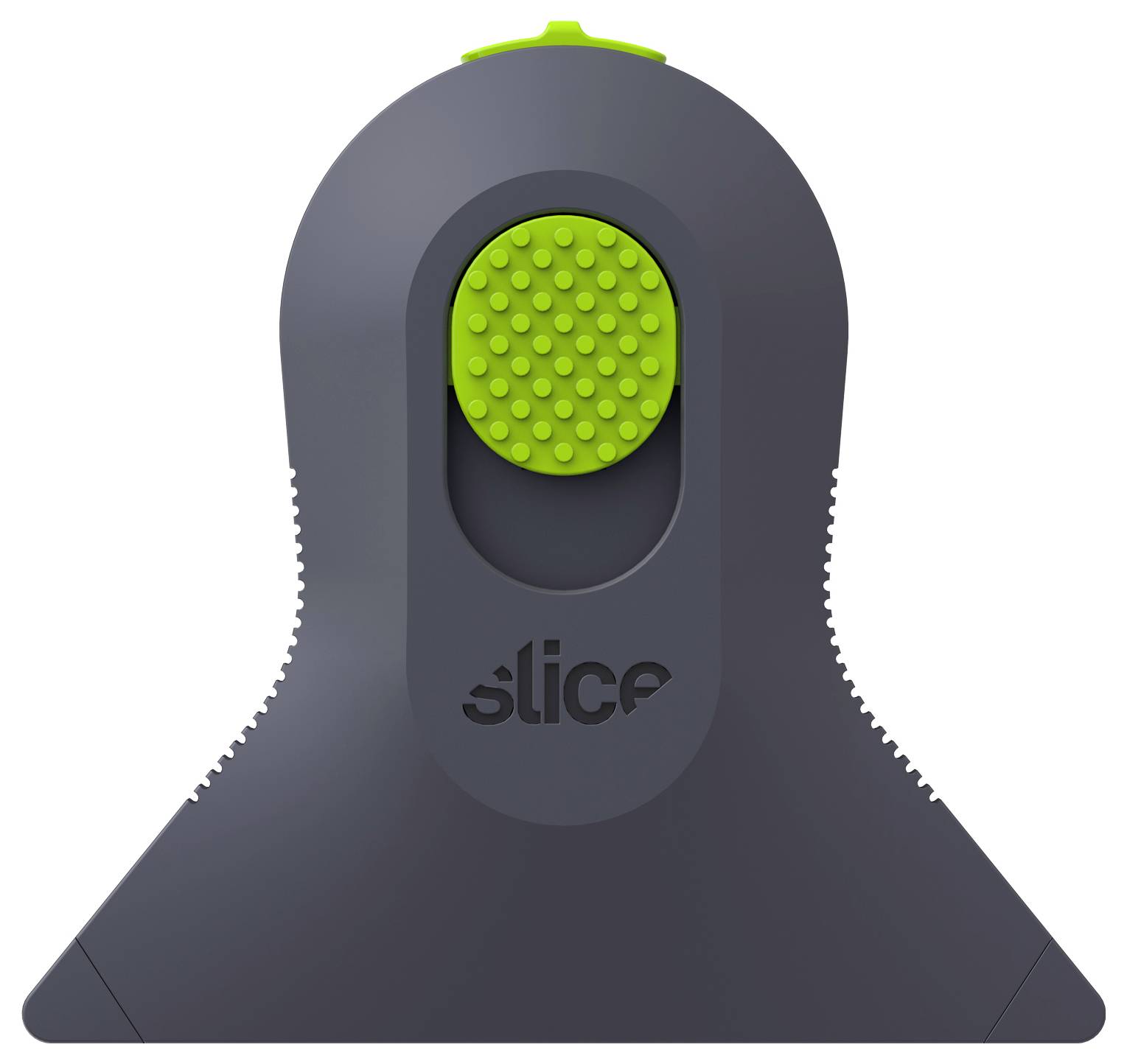 Sötét szürke Slice doboznyitó kés, élénk zöld textúrázott körköríuszlóval és „Slice" logóval az elején.