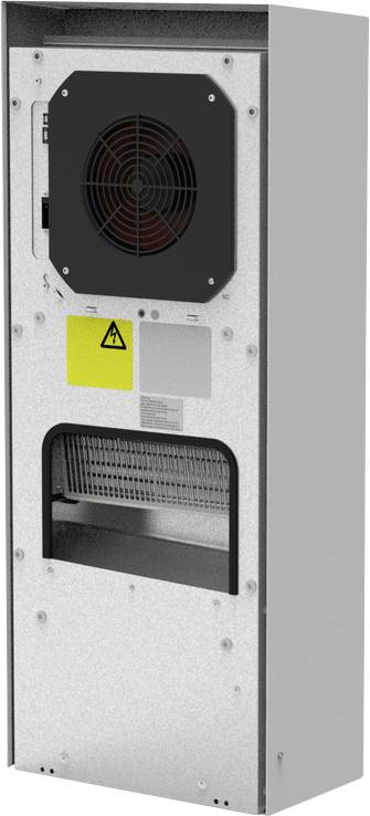 Fémből készült berendezésszekrény hátsó ventilátor-szellőzéssel, sárga elektromosságveszélyességi figyelmeztetésjelöléssel és alsó rácsos nyílással.