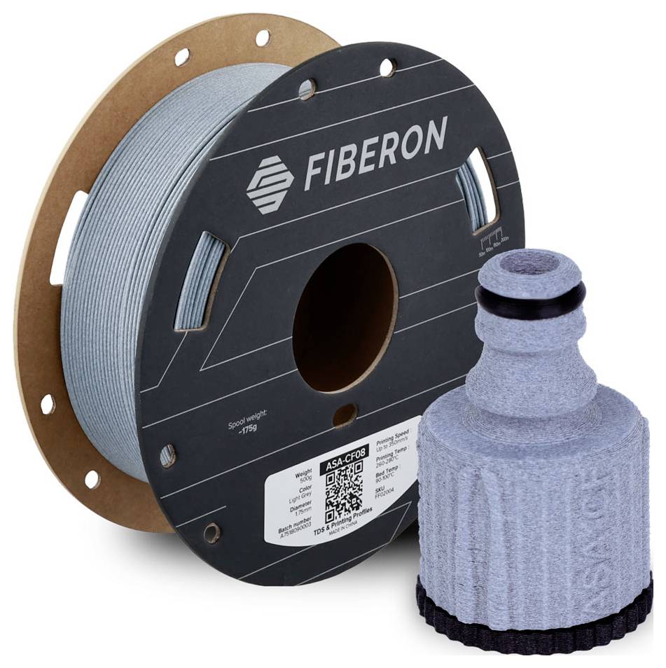 FIBERON szürke filament tekercs egy 3D nyomtatott palack alakú tárgy mellett, amely a nyomtatáshoz használt anyagot mutatja.