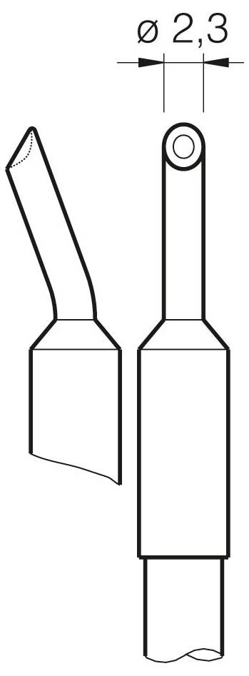 Hengeres alkatrész műszaki vonalrajza szemöldökkel, két nézetben ábrázolva; felülnézet „Ø 2,3" felirattal, amely 2,3 mm átmérőjű furatot jelöl.