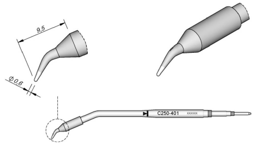 Pipettahegy műszaki rajza, amely 9,5 és Ø0,6 méreteket mutat, valamint az összeszerelt hegy oldalnézete, amely „C250-401" címkével van ellátva.