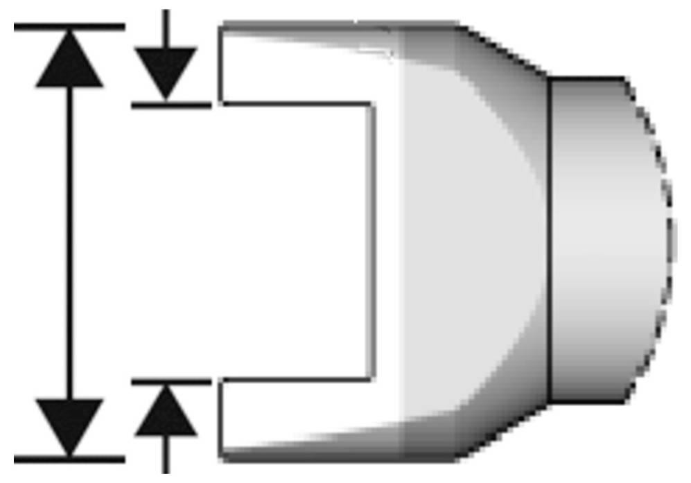 Hengeres csatlakozó műszaki diagramja, amely U-alakú nyílást és függőleges kettős nyílú nyilakat mutat a magasság és szélesség méreteit jelölve.