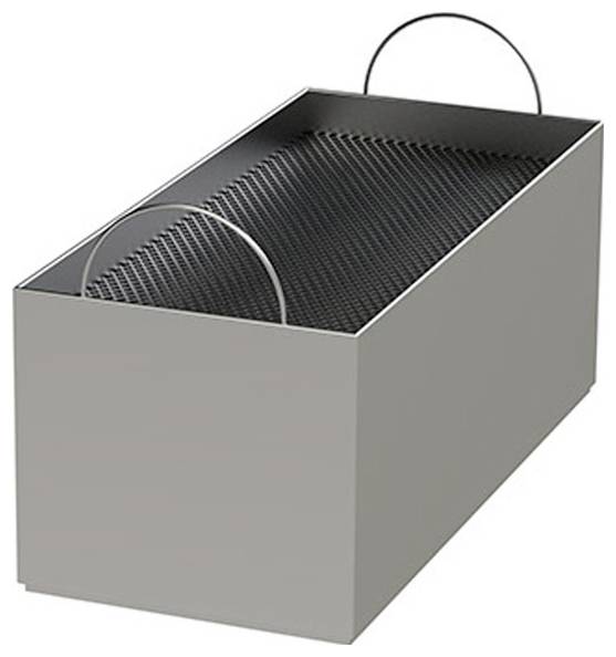 Téglalap alakú fém doboz fekete hálós betéttel és két fogantyú hurokkal, fehér háttéren bemutatva.