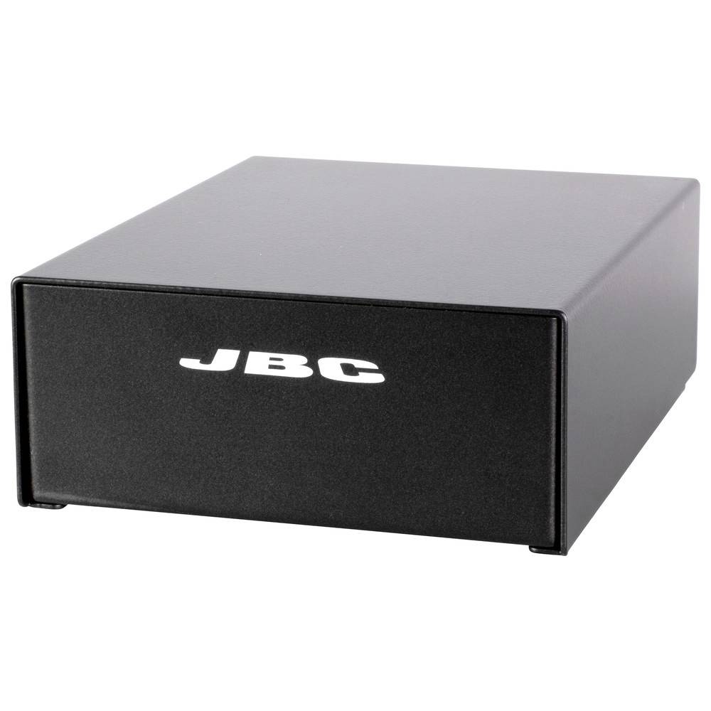 Fekete JBC-márkájú téglalap alakú fém berendezéstartó doboz vagy házat fehér háttéren.