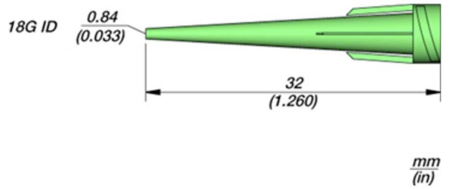 Az 18G ID kúpos zöld tű diagramja, amely 0,84 mm (0,033 hüvelyk) csúcsátmérőt és 32 mm (1,260 hüvelyk) hosszúságot mutat.