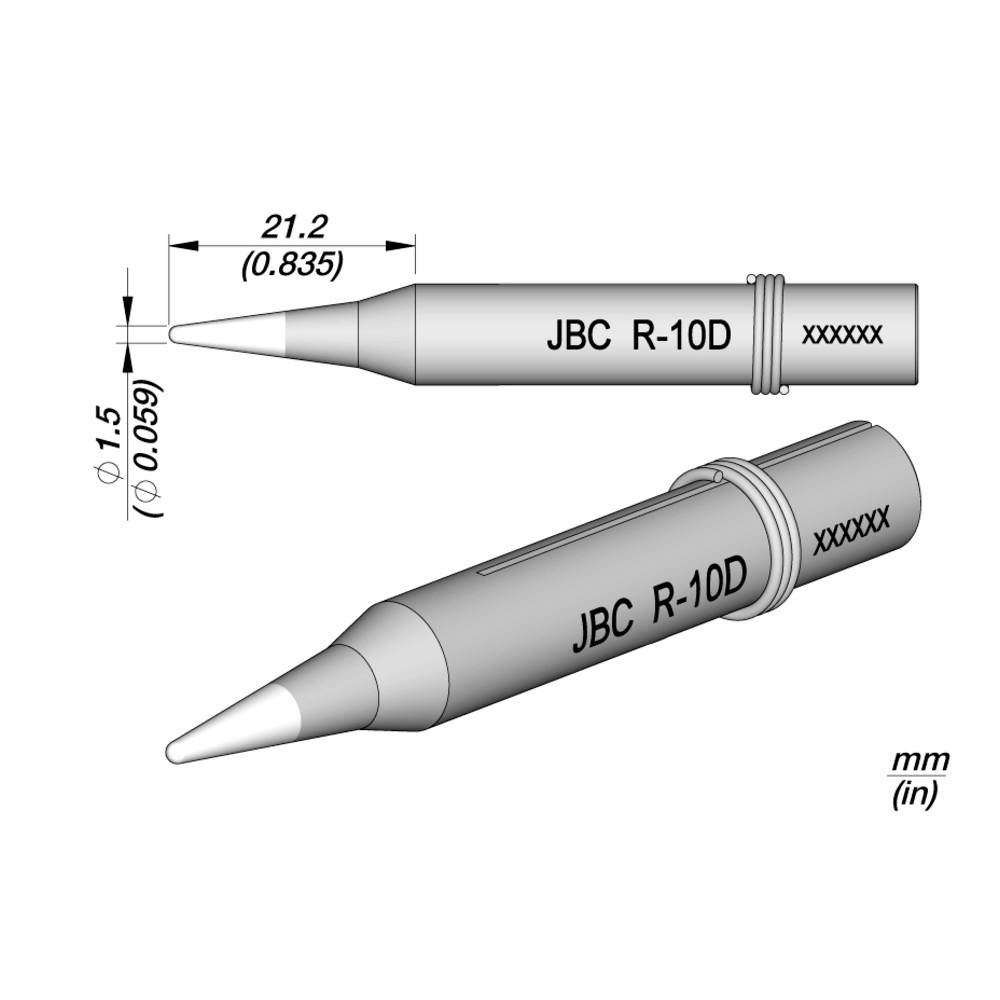 A JBC R-10D forrasztási csúcs technikai rajza, amely oldalnézeti és perspektívikus nézeteket mutat 21,2 mm hosszúság és 1,5 mm átmérő méretekkel.