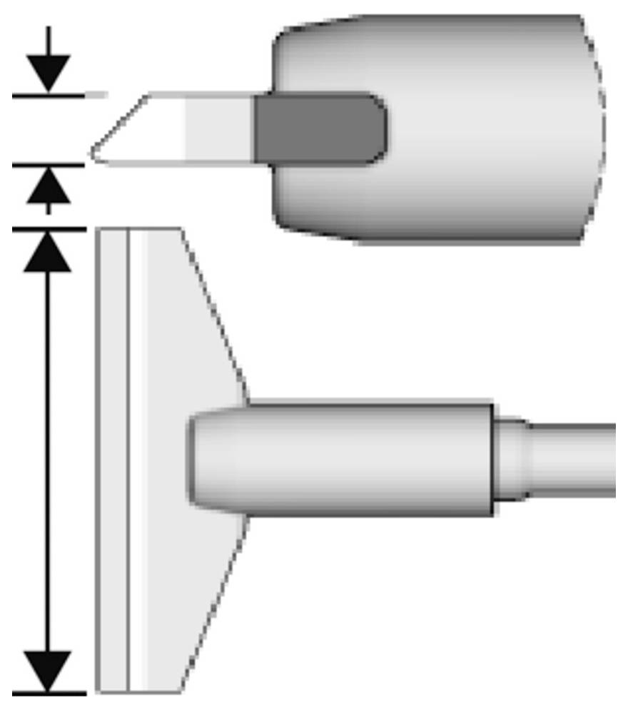 A szonda diagramja, amely a hegyesség szélességét és az össz átmérőt/hosszúságot mutatja mérési nyilakkal a szonda testéhez viszonyítva.