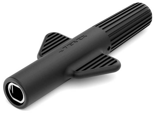 Fekete kézi ápolási eszköz bordázott hengeres fogantyúval és két oldalsó szárnnyal, fehér háttéren ábrázolva.